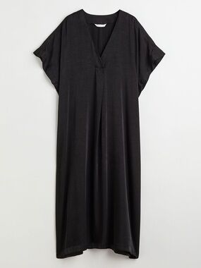 H&M Black Satin Kaftan Midi Dress Oversized V Neck Loungewear S Relaxed Fit